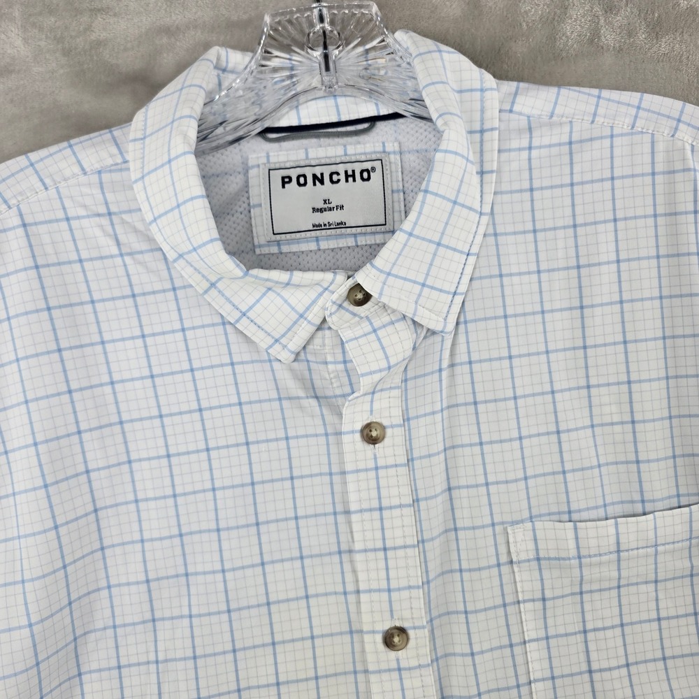 Poncho ultra-lite Shirt Mens XL White Blue Plaid Short Sleeve Performance Button